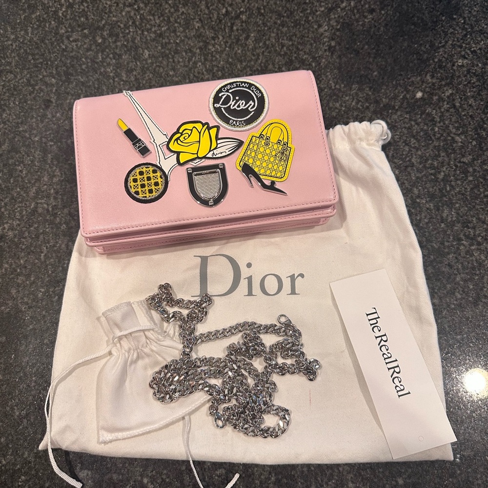 New!! Unique Dior Pink Patch Leather Diorama Clutch Wallet on Chain